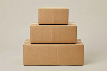 Front view of a stack of three closed brown cardboard boxes arranged by size