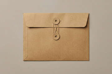Closed brown kraft paper envelope with string and washer button tie closure