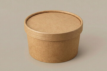 Isometric view of a closed round brown kraft paper bowl for soup or salad packaging