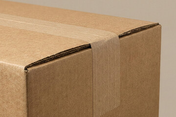 Macro close up detail of a brown cardboard box corner sealed with paper tape