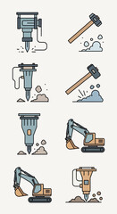 Obraz premium Heavy Industrial Construction Equipment Jackhammer Sledgehammer Excavator Icons