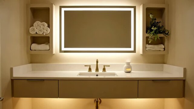 A modern bathroom vanity transforms with ambient lighting. Elegant fixtures and soft towels create a spa-like atmosphere.