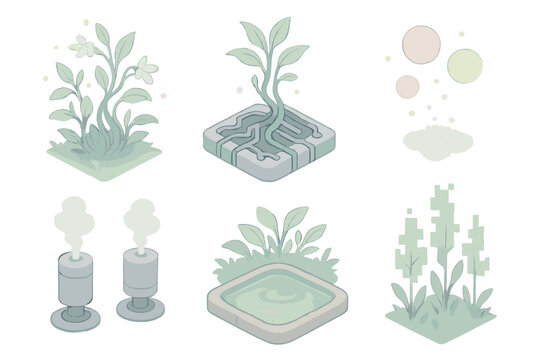 Electric Eden Sanctuary. Isometric vector illustration set Electric Eden Sanctuary: glowing vines, metal roots, hovering pollen,