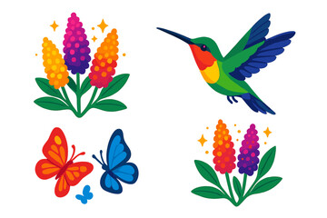 Obraz premium Hummingbird and Butterfly Bush. Isometric vector illustration set Butterfly Bush Hummingbird: colorful butterfly bush, hummingbird