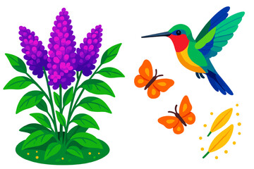 Obraz premium Butterfly Bush Spectacle. Isometric vector illustration set Butterfly Bush Hummingbird: vibrant bush with blossoms, hovering bird,