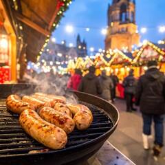 Sausages sizzle at an outdoor market, twinkling lights against a dusky sky, buildings in background