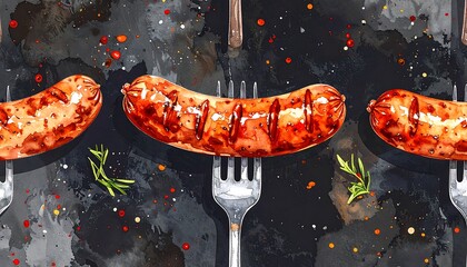 Sausages skewered on forks, arranged on a black mottled background with herbs and spices sprinkled around them