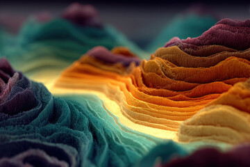 An abstract artistic landscape with a multi-layered texture reminiscent of topographical forms, mountain ranges, or waves of matter. 