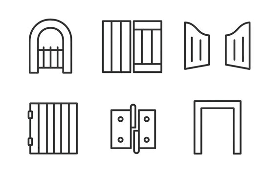 Gate Icon Designs. Line style icons of Gate: arched gate, wooden gate panels, open gate form, metal bars, hinge shape, entry frame