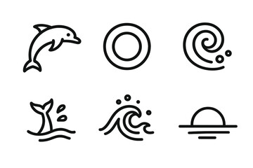 Obraz premium Ocean Ring Icons. Line style icons of Ocean Ring Flow: agile dolphin form, circular buoy, water spiral, tail sweep, foam hints,