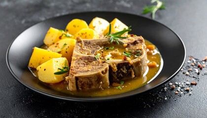 Savory braised shank with potatoes served on a dark plate, dressed with herbs and sauce, on a textured background