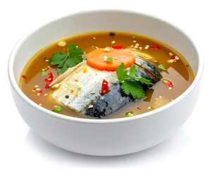 Savory broth with fish, vegetables, parsley in a white bowl, angled view, isolated on white, clean, and minimalist