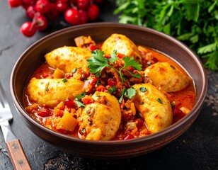 Savory chicken and vegetable stew in a clay bowl, garnished with parsley and served with red berries