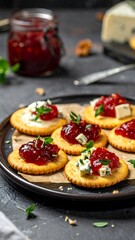 Savory crackers topped with jam and cheese, arranged on a dark plate against a dark, textured background