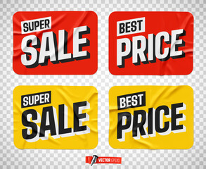 Vector realistic illustration of promotional rectangular stickers on a transparent background.