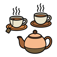 Cartoon illustration of tea set with teapot and two steaming cups on saucers