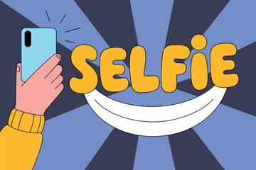 Cartoon hand holding smartphone taking selfie with big smile and yellow text on blue background