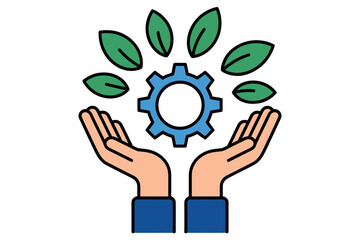 Hands holding gear with green leaves, eco-friendly technology and nature concept illustration