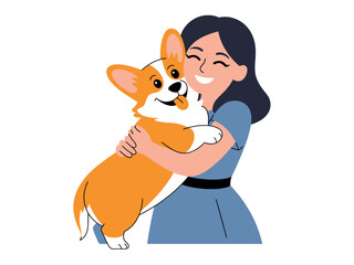 Woman Hugging Corgi Dog Illustration