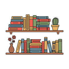 Colorful Bookshelves with Books, Cactus, and Flowers