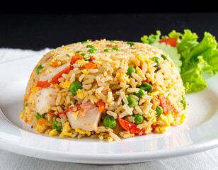Savory dome of fried rice, dotted with peas, carrots, and seafood, sits on a white plate with lettuce garnish