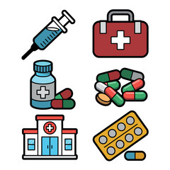 Medical icons including syringe, first aid kit, pills, and hospital building illustrations