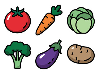 Colorful cartoon vegetable icons set including tomato, carrot, broccoli, and more healthy food options