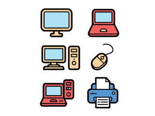 Colorful Computer and Office Equipment Icons Set