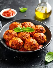 Savory meatballs simmered in rich red sauce, garnished with basil leaves, served in a dark bowl on a textured surface