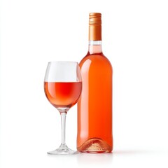 Elegant Rose Wine Bottle and Glass Arrangement with Bright Colorful Liquid Displayed on White Background