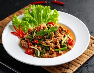 Savory minced meat dish with vibrant greens and red chili accents, served on a white plate, sits on a wicker mat