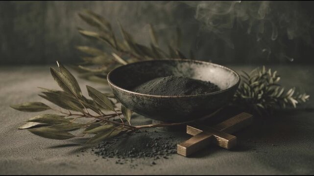 Ashes in a bowl with olive branches and wooden cross for Ash Wednesday  