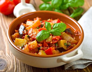 Savory ratatouille in a rustic bowl on a wooden table with basil, tomatoes, and garlic