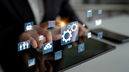 A concept of business operations and enterprise system integration. The components of a company including security, data, and cloud infrastructure. Motif