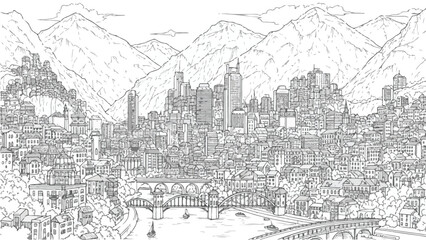 Obraz premium Mountain valley city panorama with historic bridge