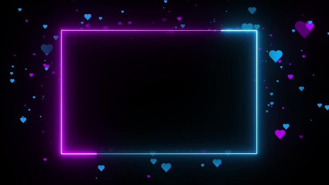 Glowing Blue and Purple neon rectangle border frame animated on black background with floating heart particles. Neon rectangular frame loopable. Neon lines frame animation.