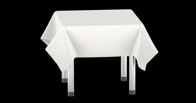 Square table with white tablecloth rotation animation seamlessly loopable. 3D rendering isolated on transparent background