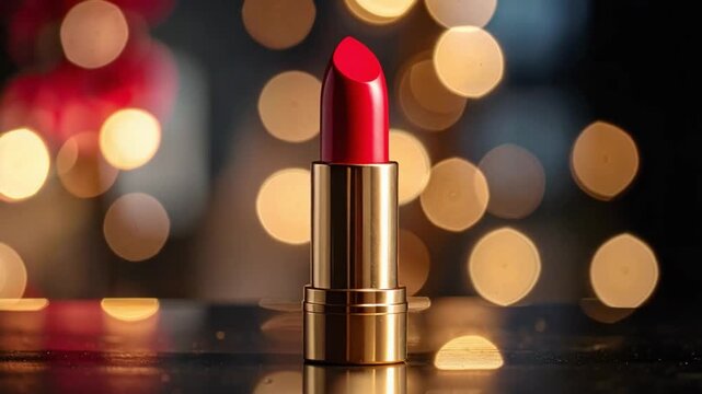 Vibrant red lipstick in golden tube with festive bokeh lights