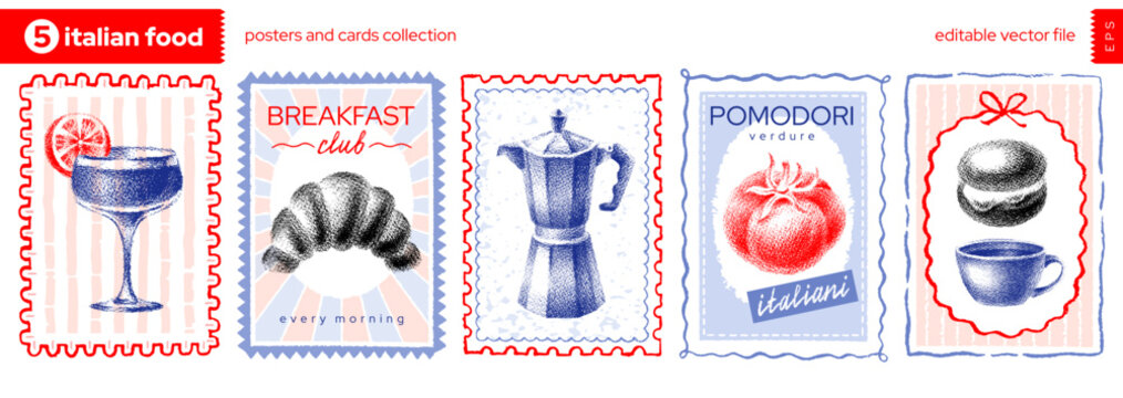 Italian brunch summer stamp poster. Postcard frame from Italy with lemon wine limoncello, croissant, vintage coffemaker, tomato, bomboloni donut, coffee cup. Mediterranean sea beach breakfast food bg