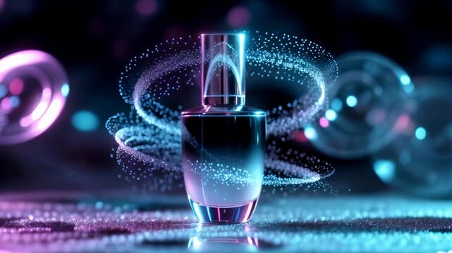 A futuristic skincare serum bottle surrounded by glowing digital particle rings. A concept of science beauty technology and cyberpunk cosmetic innovation, 4K video footage clip. 