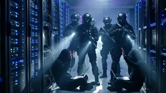 Tactical team apprehends hackers in a server room. Security operation with men surrendering in a data center. Cybercrime enforcement concept