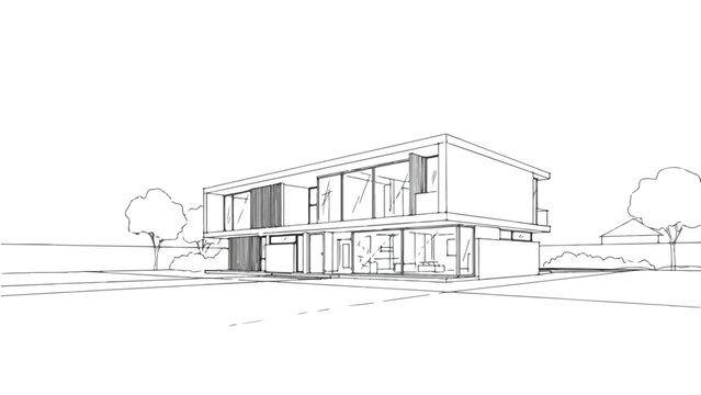 Modernist house with wide glass walls sketch