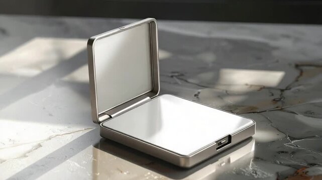 Sleek silver compact case with reflective surface on a marble table