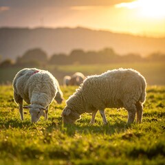 Sheep graze peacefully in a sun-drenched field at sunset, idyllic rural scene, soft light