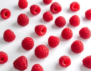 Scattered raspberries on a stark white surface create a simple, bright and pleasing repetition