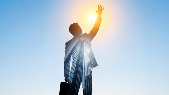 青空の下、きらきらと輝く太陽に手を伸ばすビジネスマンの多重露光シルエット素材です。重なり合うビル群が都会的な活力を、差し込む光が未来への希望と成功を表現しています。企業の成長戦略や新規プロジェクト、キャリアアップなどの前向きなビジョンを伝える広告やプレゼンテーションに最適です。