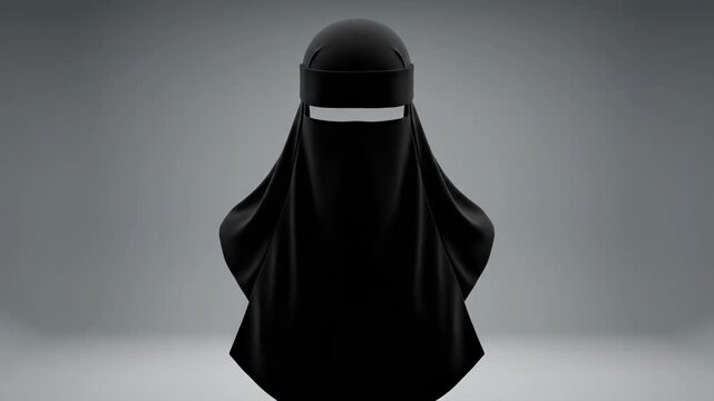 A digital wireframe transforms into a realistic black niqab. This 3D animation showcases traditional Islamic headwear.