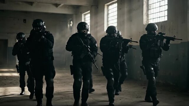 Tactical team of men in black uniform and helmets walking through a dark, abandoned building during a military operation or training