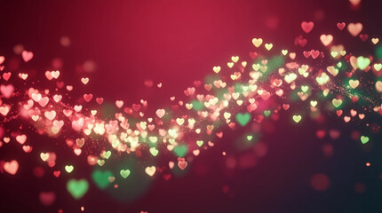 Obraz premium Flowing hearts made of glowing particles with colorful bokeh on red gradient background, romantic festive design for valentines day