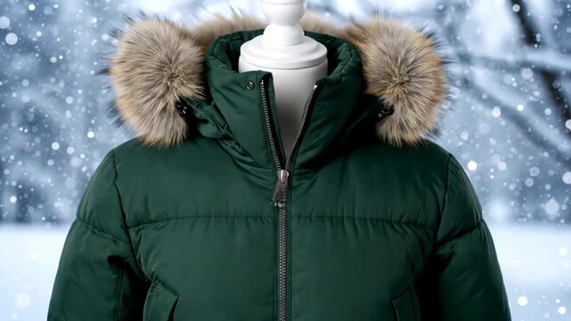 A white mannequin transforms into a stylish green winter jacket. The cozy fur hood and zipper detail are highlighted in the snow.